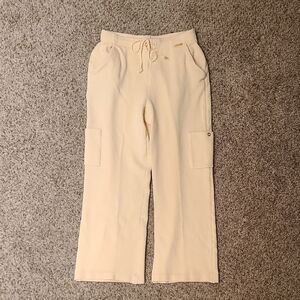 St. John Sport Cream Cropped Wide Leg Pants Drawstring Waist 4 Women's Pockets